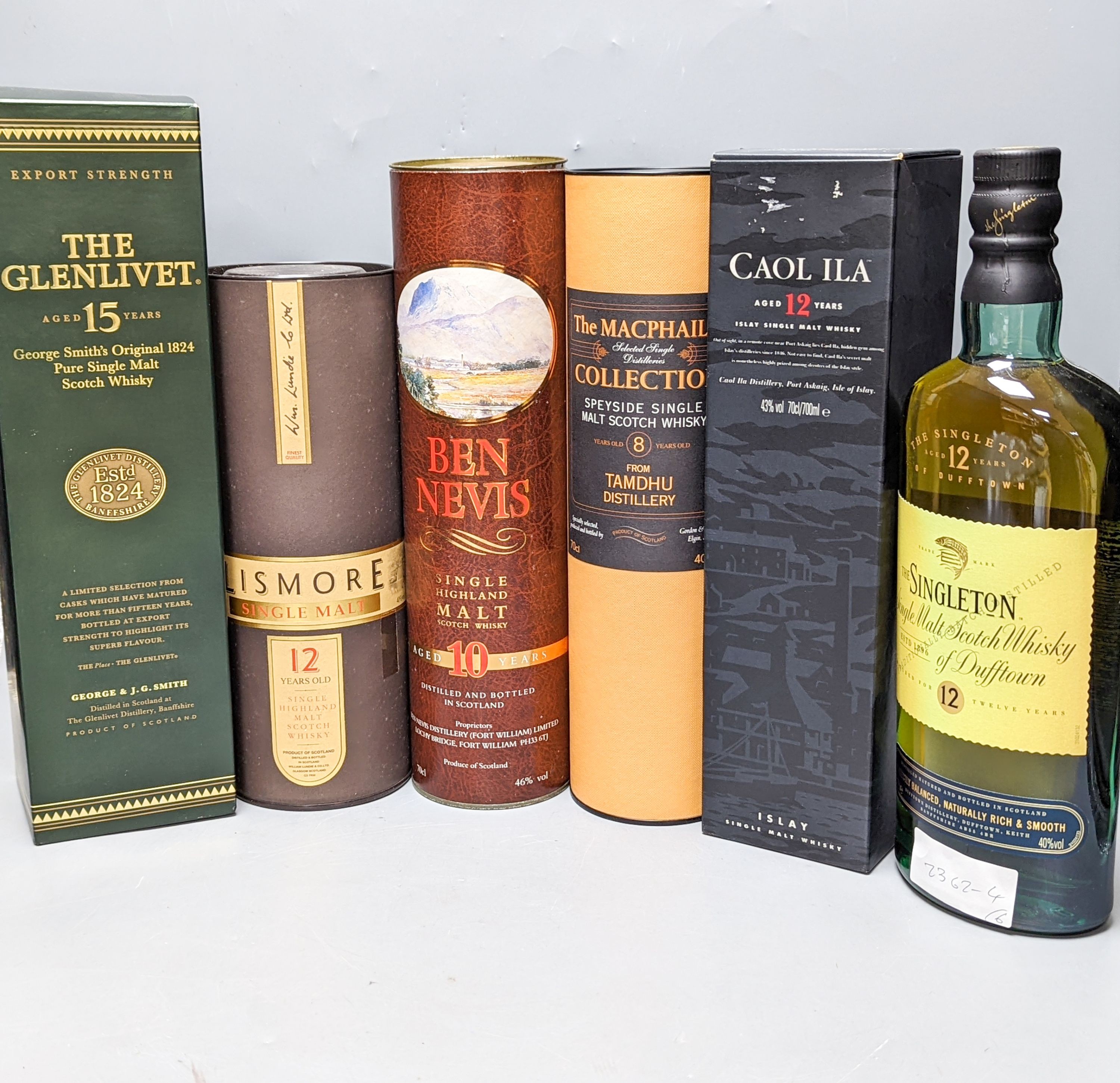 Six assorted single malt whiskies including The Macphails Collection 8 year old, The Glenlivet aged 15 years, Lismore 12 years old, Ben Nevis aged 10 years, Singleton 12 years and Caol Isla aged 12 years, all but one box